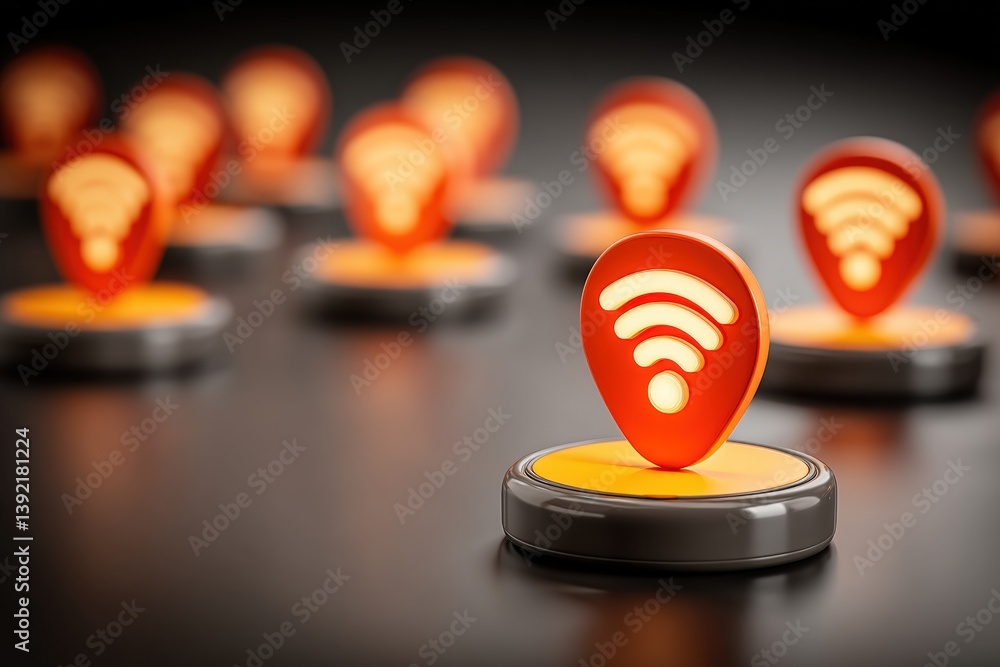 Poster colorful wifi icons on a dark surface creating a digital theme.