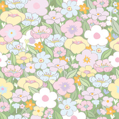 Cute pastel flower blossom and green leaf seamless pattern