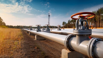 Large pipelines equipped with automatic gate valves, used for transporting oil and gas. Concept of pipeline transportation. Generated image