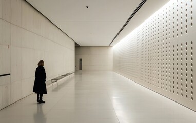 Woman Contemplating in a Minimalist Concrete Hallway with Perforated Walls and Subtle Lighting