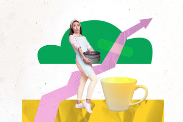 Trend composite sketch 3D collage of housewife young lady stand hold pile coins cup drink arrow up...