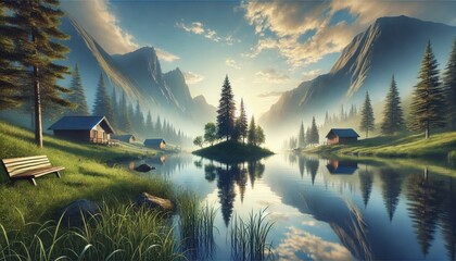 Tranquil Mountain Lake with Island and Cabins – Serene Nature Landscape for Wellness and Meditation Themes