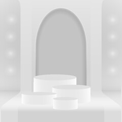 Fototapeta premium 3d white podium. Pastel background. Vector geometric forms. Pedestal, studio display, showcase, mockup scene