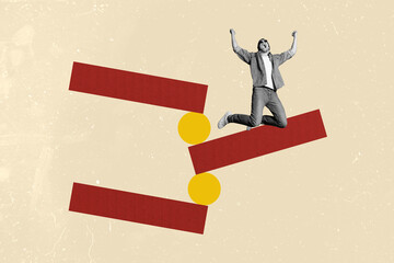 Creative artwork template sketch image 3D collage of young man jump excited emotion line pile...