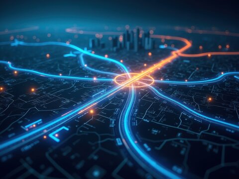 Mapa digital de la infraestructura log&iacute;stica de la ciudad con rutas de flujo de suministro optimizadas y centros de distribuci&oacute;n con destacados 