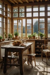 A kitchen with a wooden table and chairs, a bowl of fruit, and potted plants