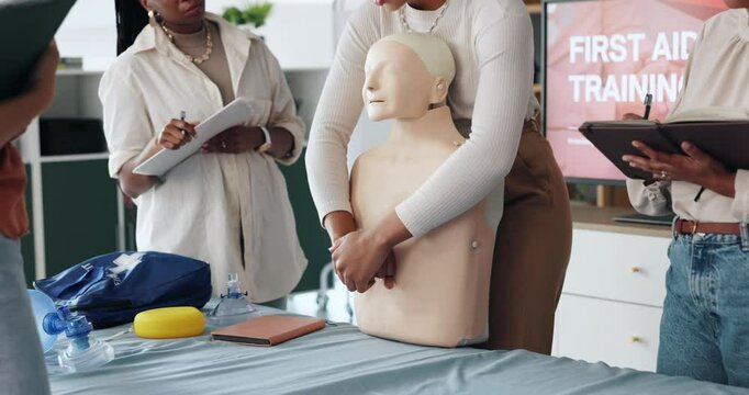People, hands or dummy for first aid lesson for rescue safety, demonstration class or education. Body mannequin, cpr or paramedic in presentation for medical emergency, learning procedure or group