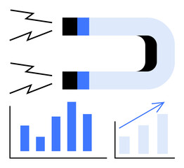Obraz premium Magnet pulling energy lines, bar chart, and rising graph suggest success, progress, data analytics, marketing, business growth, innovation customer engagement motivation. Flat simple metaphor