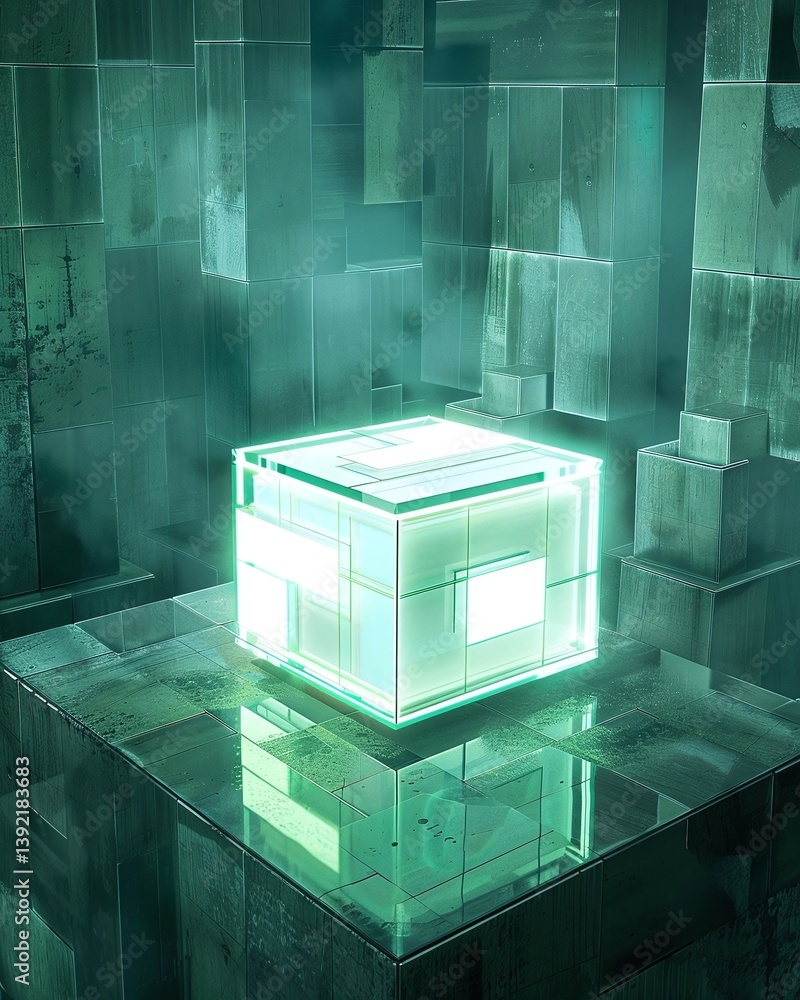 Poster futuristic glowing cube on a reflective platform amidst a digital abstract landscape with mist