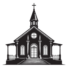 Gothic Revival Chapel silhouette, with pointed arches and spires – Chapel illustration – Minimalist chapel vector – Building silhouette

