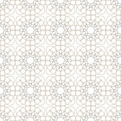 A seamless geometric pattern with intricate, symmetrical line art on a white background.