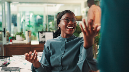 Smile, business and woman talk in office for good news, feedback and planning of financial...