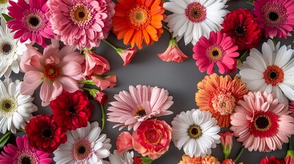 Fototapeta premium A vibrant and beautiful flower arrangement, showcasing a mix of pink, orange, red, and white flowers, forming a captivating frame HD 8K mockup wallpaper Photographic Image