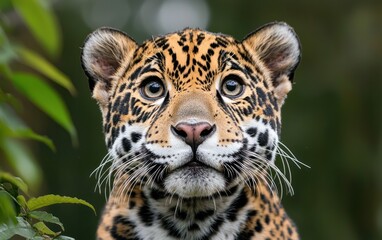 Obraz premium Young Jaguar Portrait in Lush Green Foliage