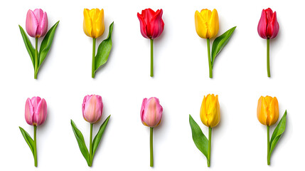 Obraz premium Collection of fresh colorful tulip flowers bouquet isolated on white background