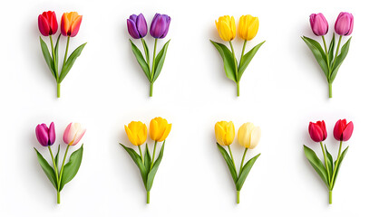 Obraz premium Collection of fresh colorful tulip flowers bouquet isolated on white background