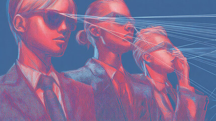 Stylized illustration of three women in suits and sunglasses, connected by lines, suggesting networking or communication, symbolizing business collaboration and modern technology