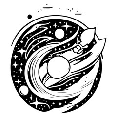 Whimsical cosmic adventure: A black and white stellar journey in vector art