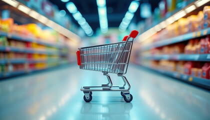 A rendering of a cart in a grocery store aisle. Useful for any items related to consumer goods, inflation, groceries, and so forth.