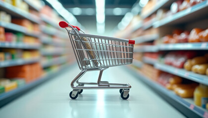A rendering of a cart in a grocery store aisle. Useful for any items related to consumer goods, inflation, groceries, and so forth.