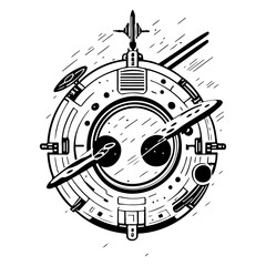 Abstract depiction of futuristic spaceship, a detailed line drawing in monochrome