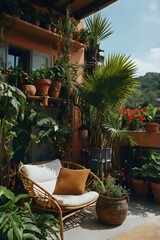 A patio with a white chair and a brown pillow