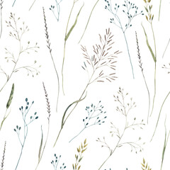 Various wild herbs and flowers. Watercolor seamless pattern hand drawn with watercolor on white background, perfect for cards, wedding invitations, branding, packaging and spring design.