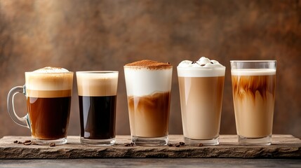 Diverse selection of coffee drinks including latte, mocha, americano, and macchiato arranged on a wooden board