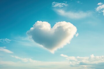 Fototapeta premium Heart shaped cloud floating in a bright blue sky with other small clouds