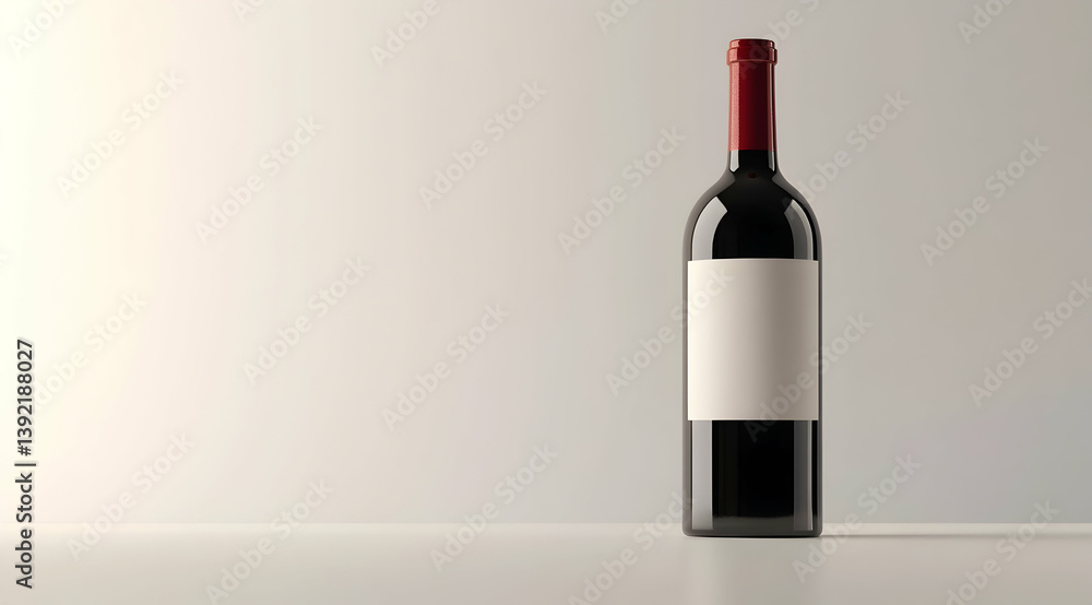 Poster a bottle of red wine with a blank label stands on a white table. this is a high-resolution