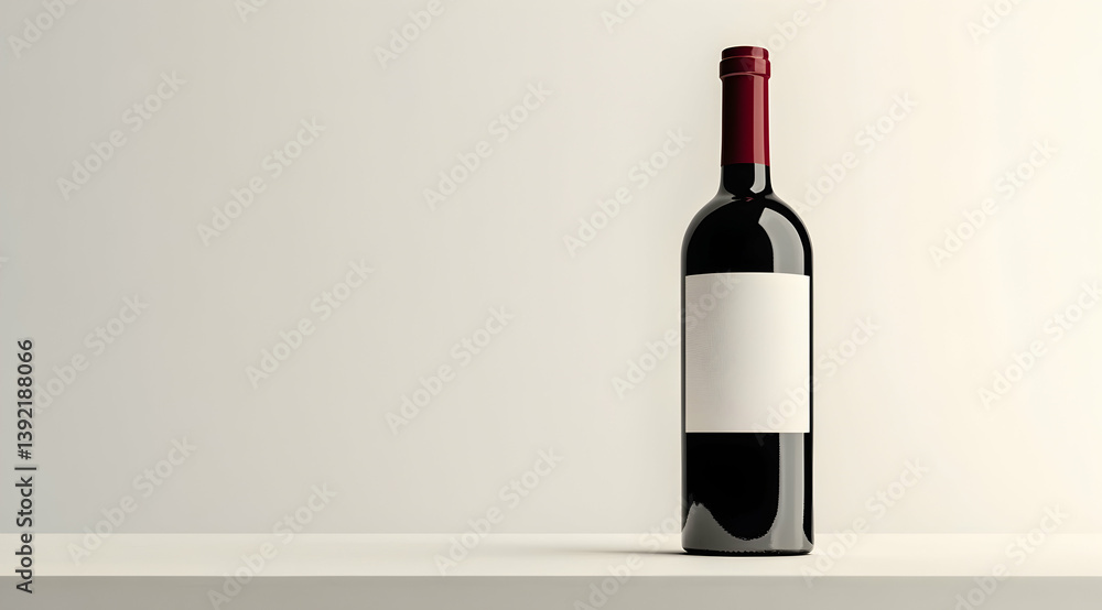 Poster a bottle of red wine with a blank label stands on a white table. this is a high-resolution