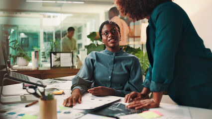 Creative, teamwork and women with discussion in office for project ideas, design briefing and...