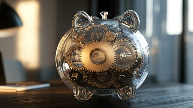 Transparent Piggy Bank with Intricate Gear Mechanism