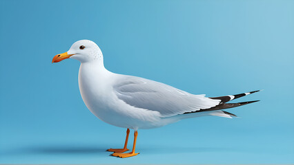 Fototapeta premium White seagulls, wild seabirds with beaks, stand on the blue ocean coast of a beach under the sky, Generative AI