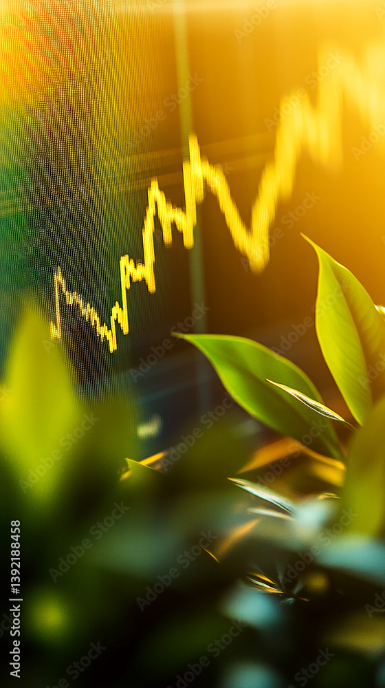 Poster blurred image of a yellow stock market graph displayed on a screen, partially obscured by green foli