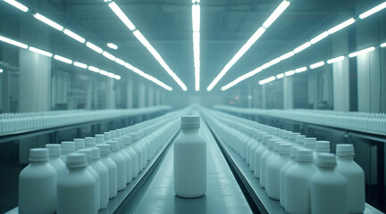 Fototapeta premium White plastic pill bottles on a conveyor belt, rows of bottles, ready for labeling, in a bright factory setting