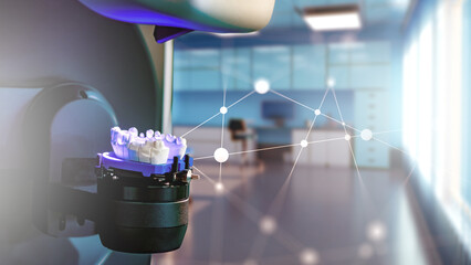 3D scanner in a dental laboratory. 3D scanner creates a virtual image of denture. Three-dimensional picture of denture on computer screen. Work equipment of prosthetist. Dental prosthetist scanner.