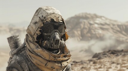 Nomadic figure in post-apocalyptic desert landscape wearing protective gear against harsh elements