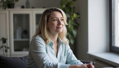 Content Blonde Woman Sitting Near Window Looking Away Thoughtfully Smiling
