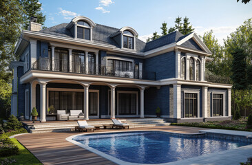 Hermosa construccion de una mansion clasica familiar en tonos gris y blanco, dos plantas, de ladrillo y madera, con columnas y tejados con aticos triangulares, lujosa, con piscina y jardin 