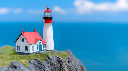 Scenic view of lighthouse on rocky cliff by ocean