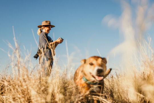 Female looking drone controller with dog
