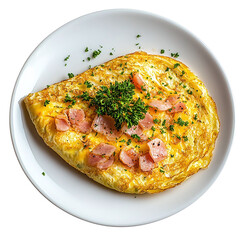 Savory ham and cheese omelette on a white-transparent backdrop.