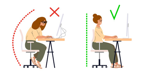 Correct good position vs bad incorrect posture for sitting at computer desk. Deterioration of vision. Right and wrong back, neck and legs poses of woman at workplace. Vector illustration.