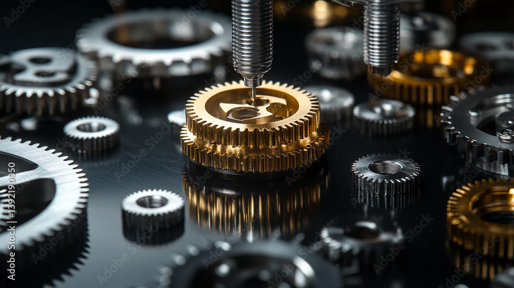 Poster close-up of gold and silver gears, precision-engineered, showcasing intricate detail and mechanical 