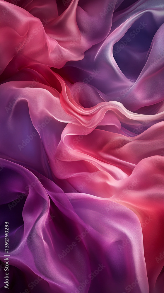 Poster Abstract image of flowing purple and pink fabric, creating a smooth, elegant texture, showcasing fluidity and softness, ideal for design backgrounds