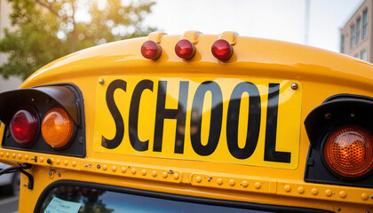 School sign on yellow bus under afternoon light, education concept