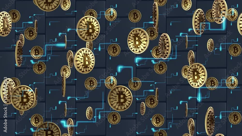 Poster bitcoin digital gold wallpaper loop tile falling blue panels. this is a loopable and tileable backgr