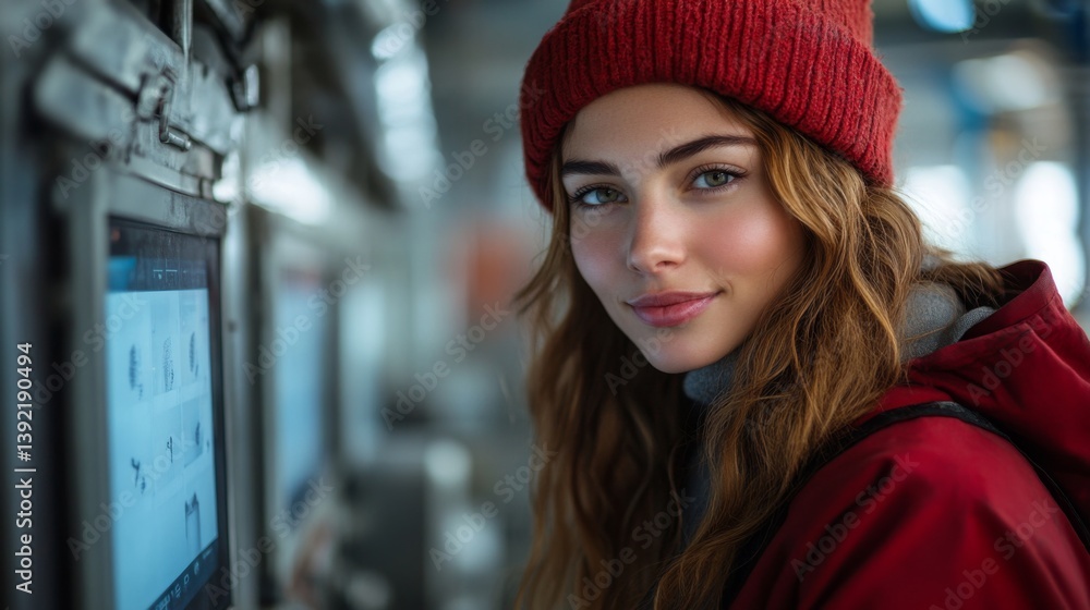 Poster a young woman stands confidently in a mining facility, engaging with advanced machinery designed for
