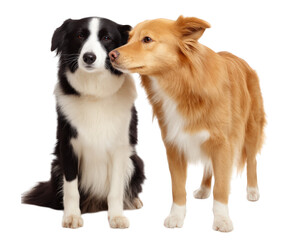 Fototapeta premium Two dogs, one black and white and other golden, are standing close together, showcasing bond of friendship. Their playful interaction highlights their affectionate nature and companionship